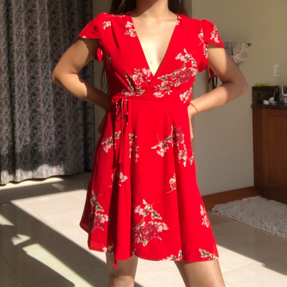 Red Floral Wrap Dress